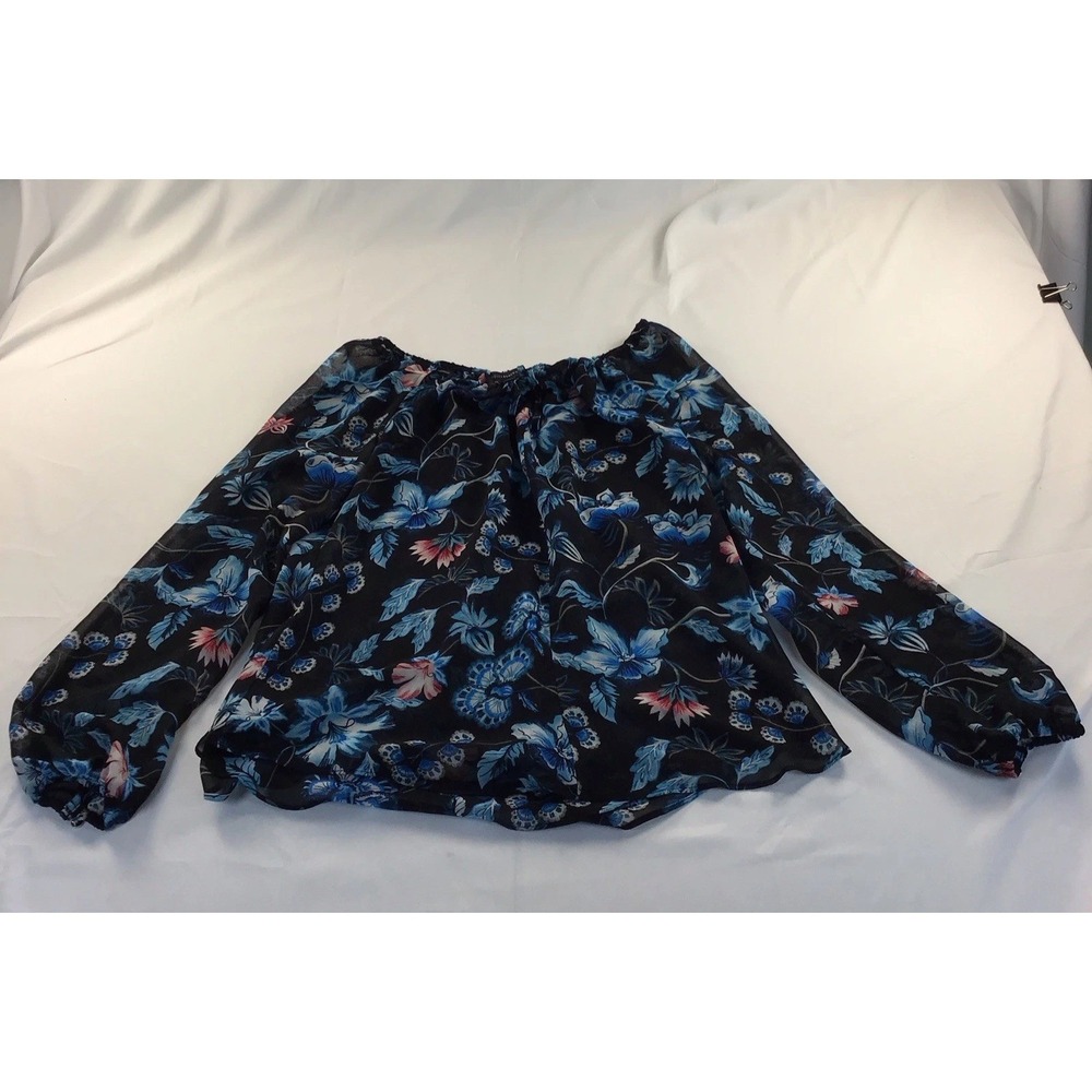 White House Black Market Black & Blue Floral Long Sleeve Peasant Style Blouse
